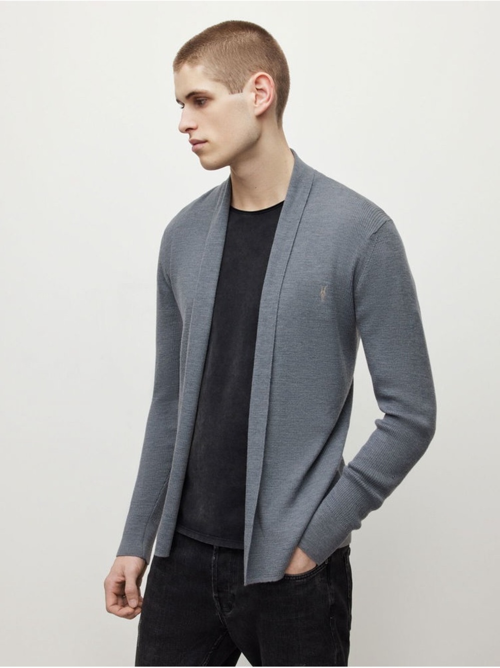 AllSaints Mode Merino wool Open Cardigan Blue Ribbed unisex androgenous polished